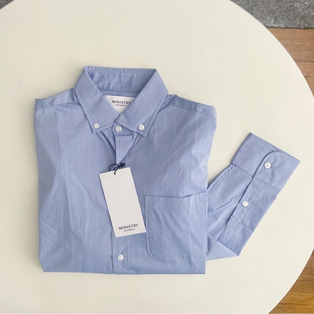 Ministry of Supply Gemini Woven Dress Shirt Solid Blue Small Standard fit New